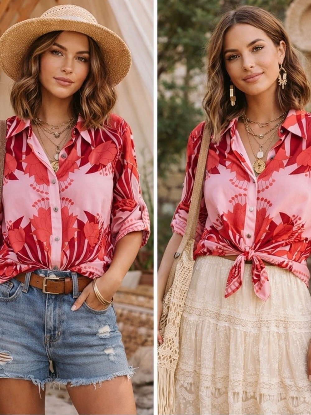 Rose & Olive Pink and Orange Floral Button-Front Blouse